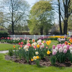 Fototapeta premium A well-maintained garden bursting with colorful flowers such as tulips, daffodils, and hyacinths in full bloom. The bright, cheerful colors pop against the lush green grass and clear blue sky.