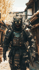 A samurai wearing menacing armor made from oni material, with a helmet, walking through an Edo period town during bright daylight
