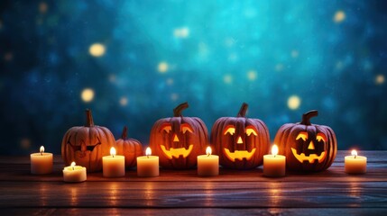 Fototapeta premium Spooky Halloween Pumpkins with Candles on Wooden Table