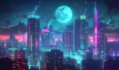 Fototapeta premium Futuristic city skyline with neon lights at night.