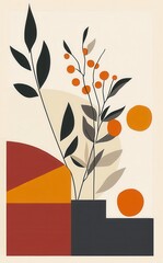 Minimalist abstract illustration of a modern interior with plant and geometric shapes in warm earthy tones