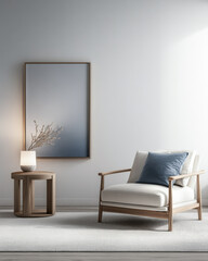 Room interior design with minimalist furniture, natural lighting and soft blue hue.