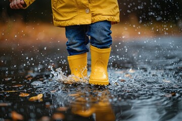 A small child in rubber boots and a yellow raincoat jumps contentedly through puddles on the street. ai generative