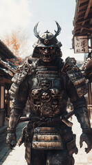 A samurai wearing menacing armor made from oni material, with a helmet, walking through an Edo period town during bright daylight
