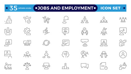 Jobs and Employment icon set. Recruitment icon set Included the Job Interview, Career Path, Resume, Job hiring, Candidate and Human Resource icons. Editable stroke outline icon.
