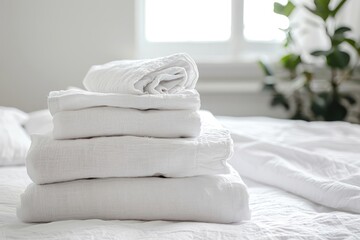 A stack of freshly ironed white linens on a clean white bed