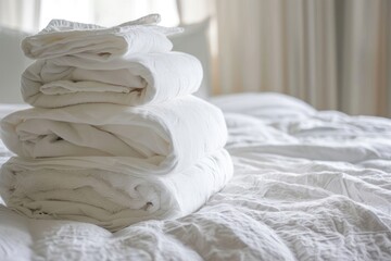 A stack of freshly ironed white linens on a clean white bed