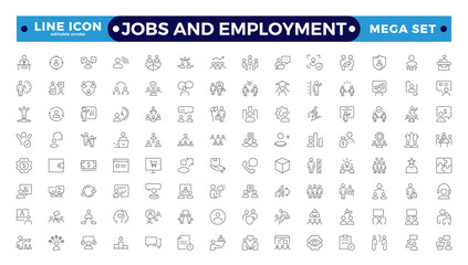 Jobs and Employment icon set. Recruitment icon set Included the Job Interview, Career Path, Resume, Job hiring, Candidate and Human Resource icons. Editable stroke outline icon.
