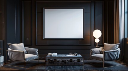 High-resolution photograph of a frame mockup in a sophisticated dark interior, highlighting sleek furnishings. With copy space for text