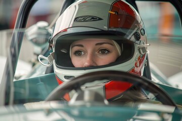A woman is driving a race car and wearing a helmet