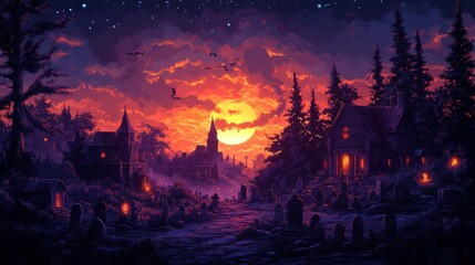 Naklejka premium A dark Halloween pattern with graveyard scenes and haunted houses, mysterious and eerie