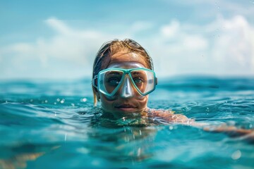 Naklejka premium A woman is swimming in the ocean wearing a snorkel and goggles