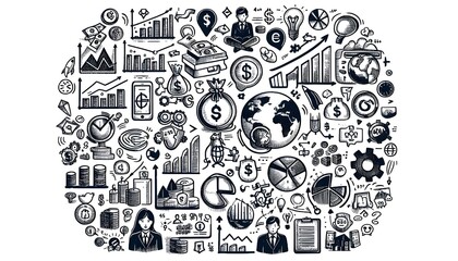 Hand-drawn financial and business icons, like graphs, pie charts, and currency symbols, scattered on a white background. Concept of business strategy and planning