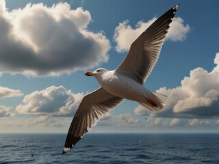 A seagull soaring gracefully over the sea, wings fully extended, with a backdrop of scattered clouds and distant horizon. AI generated.