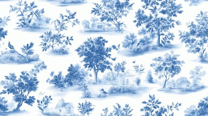 A seamless Toile De Jouy pattern in classic blue hues, featuring intricate pastoral landscapes