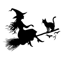 Fototapeta premium Silhouettes of a witch and cat riding a broom, watercolor illustration, png