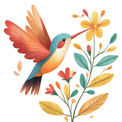Autumn bird pecking on a flower, watercolor illustration, png