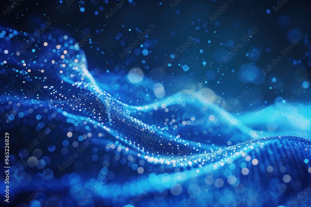Poster abstract blue background. abstract digital particles wave with depth of field and bokeh