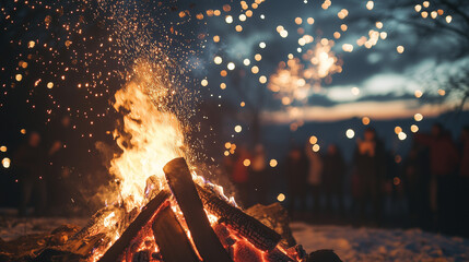 Bonfire Night Celebration, large bonfire with burning wood sparks, Ai generated images
