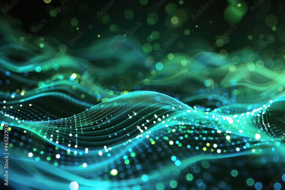 Poster futuristic background with green blue glowing neon moving high speed wave lines and bokeh lights. da