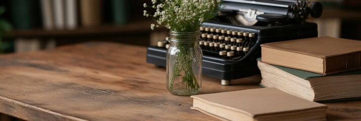 A vintage typewriter and a vase of flowers on a wooden desk alongside books, creating a nostalgic workspace scene.