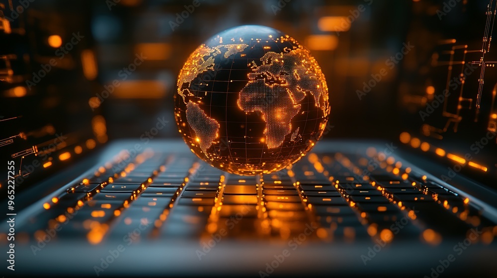 Poster illuminated globe hovering over a laptop keyboard