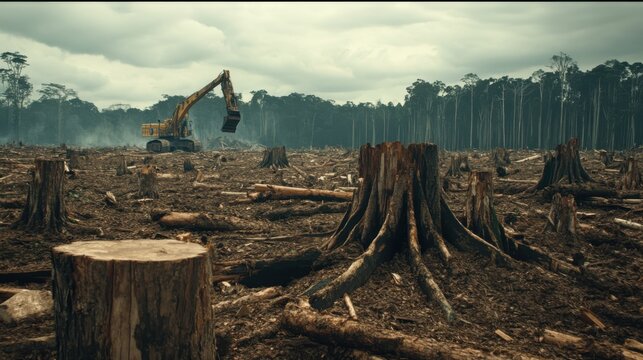A devastated forest landscape showing the grim impact of illegal logging with tree stumps and heavy machinery under a cloudy sky