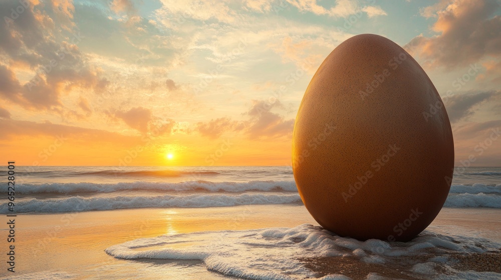 Sticker A large egg sits on the sandy beach as waves crash gently around it. The sun sets in the background, casting warm colors across the sky. This stunning scene captures a surreal moment. AI