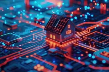 Obraz premium An of a smart home concept with integrated technology features on a circuit board layout