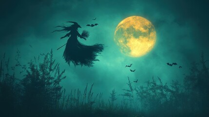 Obraz premium A full moon casting eerie shadows on a Halloween night, with silhouettes of witches flying