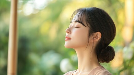Naklejka premium Serenity in the Garden: Japanese Woman Practicing Deep Breathing for Stress Relief and Balance | Composite Image with Whimsical Vibe