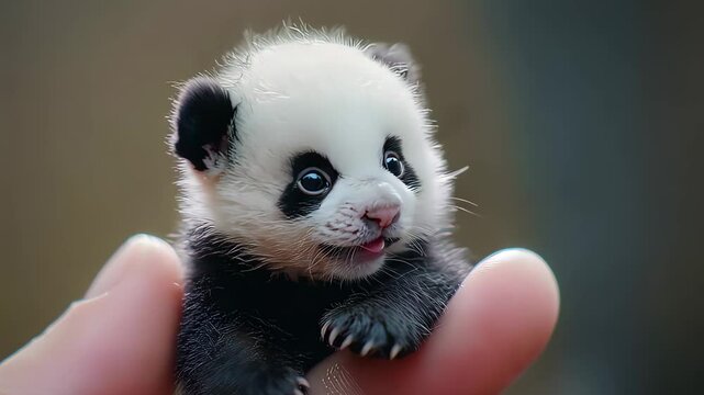 Adorable closeup of miniature fluffy baby panda with gentle eyes and vulnerable expression held in fingertips