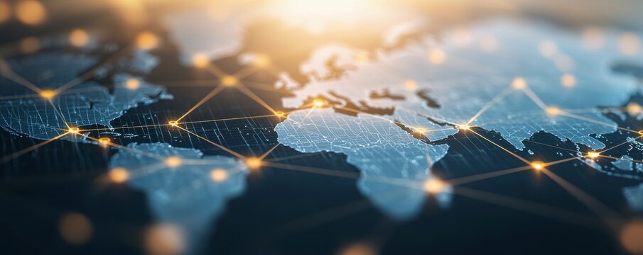 Abstract illustration of a global economic policy network, with nodes representing different countries and their policies