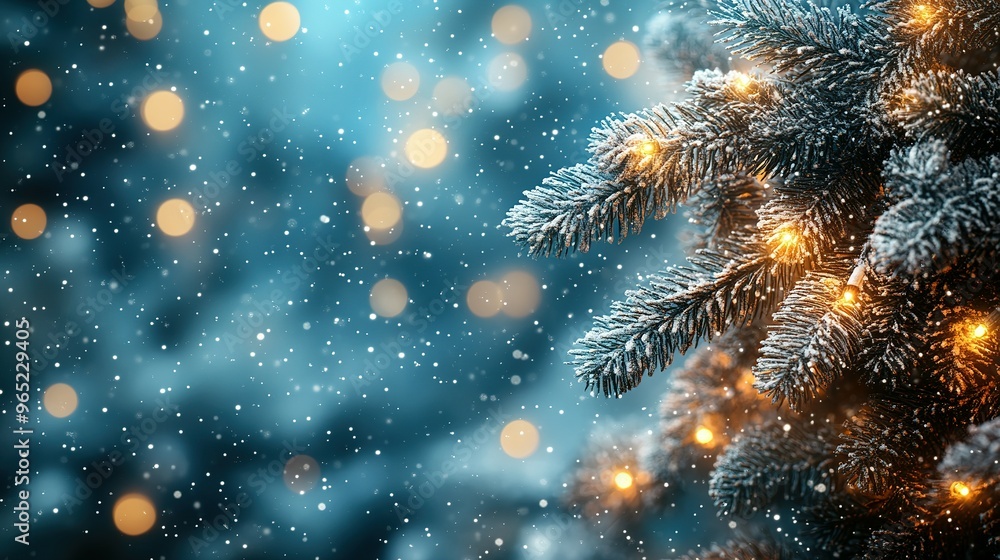 Poster snowy pine tree branch with string lights and bokeh