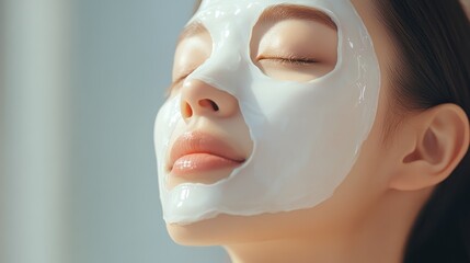 Serene Korean Model Enjoying Pampering Face Mask Session - Emphasizing Essential Self-Care in Skin Care Routine (Close Up, Whimsical Overlay)