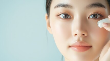 Naklejka premium Serene Korean Model Applying Soothing Eye Cream for Self-Care Ritual in Modern, Whimsical Setting