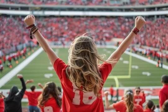 back view female fan cheering at a college football game