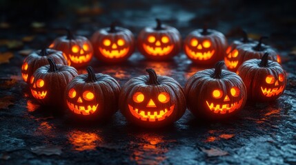 Naklejka premium A group of jack-o'-lanterns arranged in a circle, casting eerie shadows