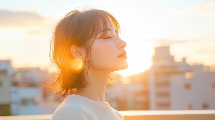 Radiant Self: Japanese Model Woman Embracing Self-Love in Sunlight on Vibrant Balcony