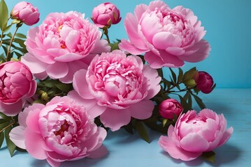 Pink peonies. Beautiful summer bouquet. Floral composition. Wallpaper. Lovely flowers in glass vase.

