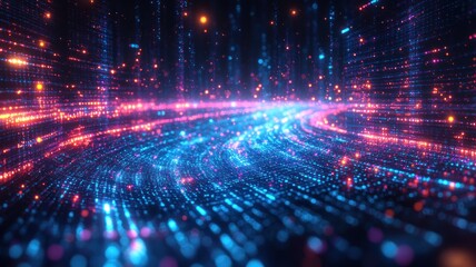 Obraz premium Abstract digital landscape with vibrant glowing particles and lines.