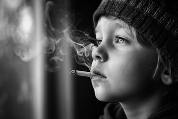 black and white atmosphere image Young Child Smoking Cigarette Representing Unhealthy Habits