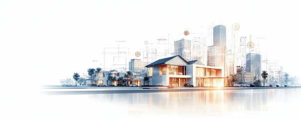 Fototapeta premium Illustration of a futuristic city where economic policy drives innovation, represented by digital blueprints and tech symbols