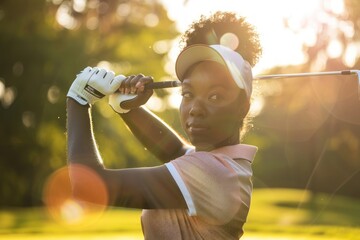 Black woman practicing golf sport, person is focused and enjoying the sport, sports photography