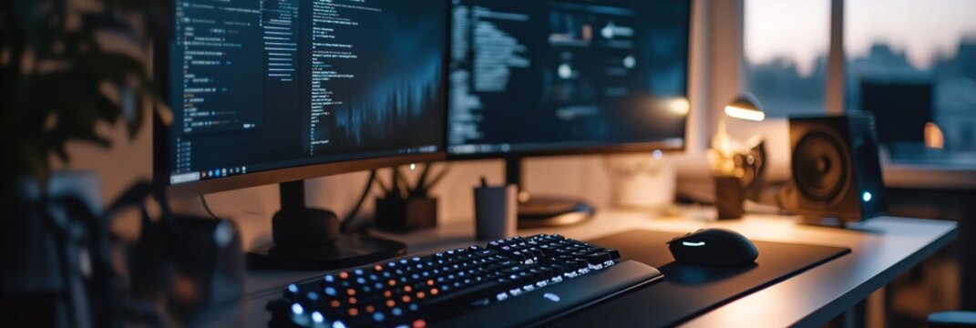 A neat programming workspace with a dual monitor setup displaying code, a mechanical keyboard, and modern decor.