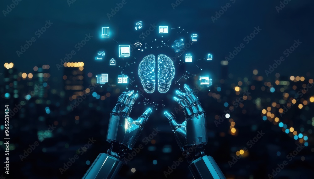 Poster futuristic robot hand interacting with digital brain interface representing artificial intelligence 