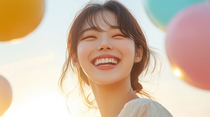Radiant Korean Woman Embracing Self-Love with Joyful Laughter in Silhouette Close Up Portrait