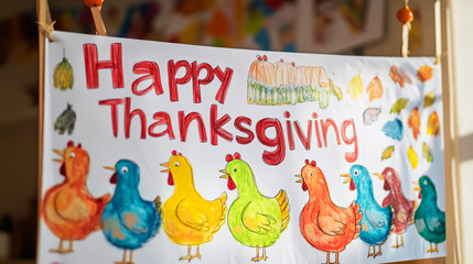 Naklejka premium Happy Thanksgiving Sign With Colorful Painted Chickens And Leaves. Perfect For A Classroom Or Home Decoration.