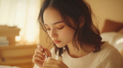 Profile view of a Japanese model woman painting her nails, symbolizing the small rituals that celebrate self-love (close up, theme: self-pampering) in a cozy bedroom (realistic, Overlay).