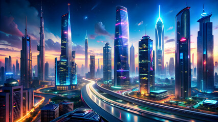 Fototapeta premium Nighttime cityscape, futuristic vehicles, towering buildings * Imaginative city, advanced infrastructure, neon lights